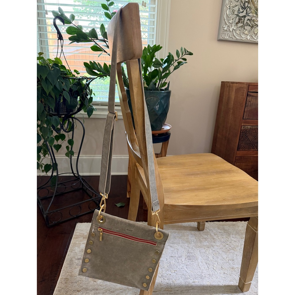 Hammitt Tony Crossbody Bag Women Small Grey Suede Gold Rivet Distressed Leather